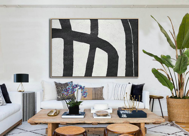 Modern Paintings On Canvas,Hand Painted Oversized Horizontal Minimal Art On Canvas, Black And White Minimalist Painting - Size Extra Large Abstract Art